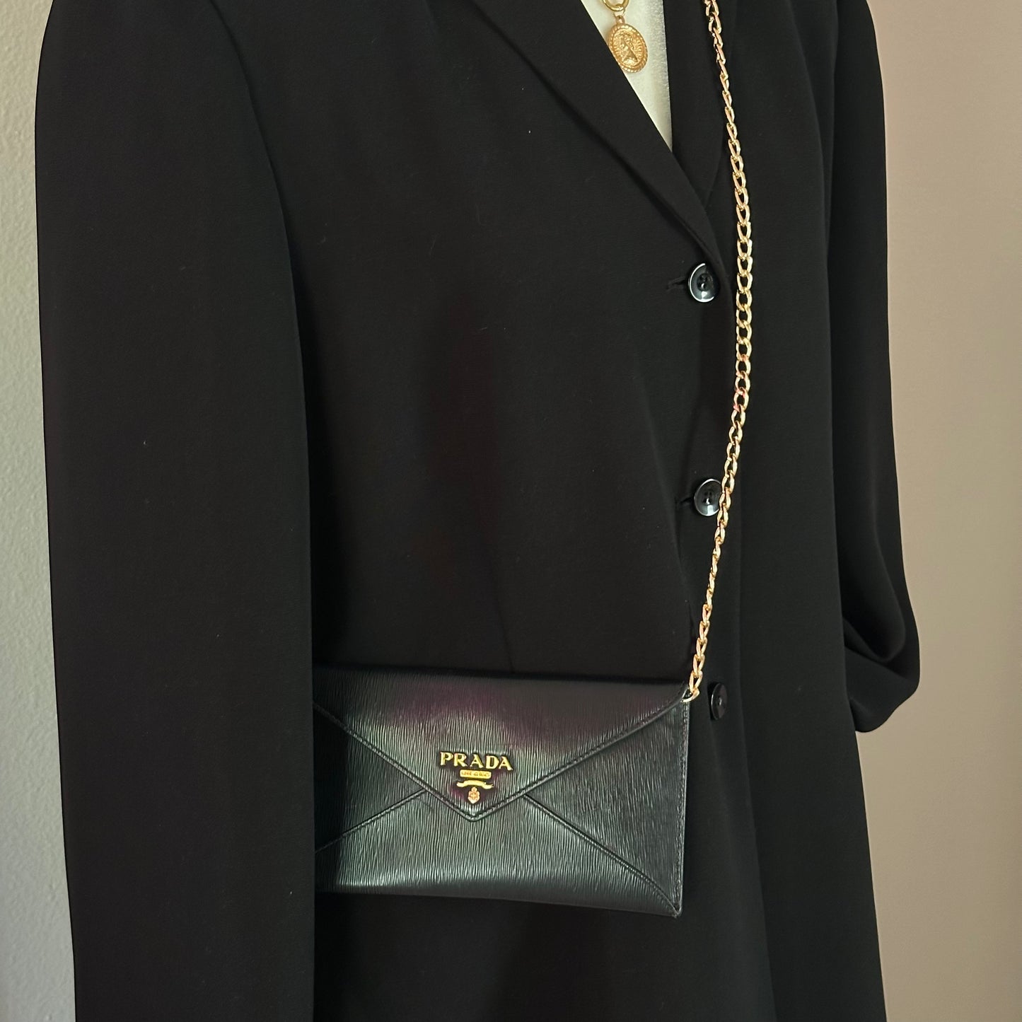 Authentic PRADA Black Saffiano Envelope Crossbody Wallet