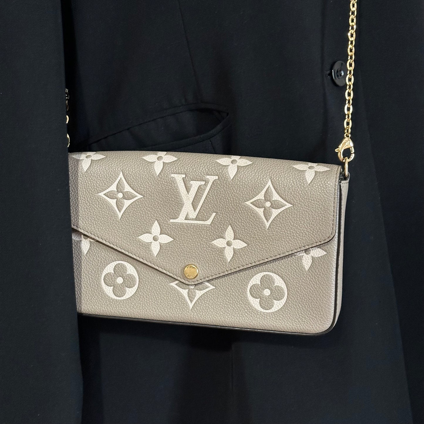 Authentic Louis Vuitton Turtledove Empreinte Felicie Pochette Crossbody