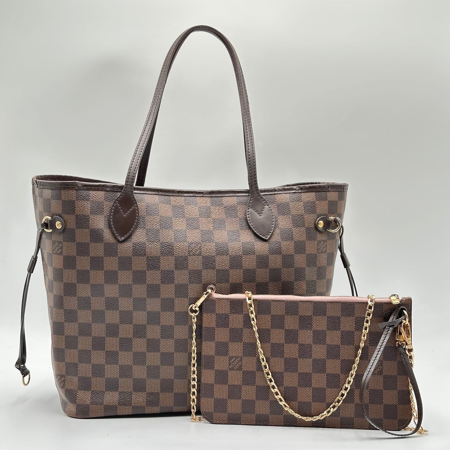 Authentic Louis Vuitton 2018 Damier Ebene Neverfull Rose Ballerine MM + Wristlet