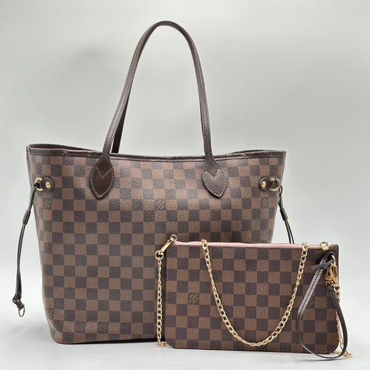 Authentic Louis Vuitton 2018 Damier Ebene Neverfull Rose Ballerine MM + Wristlet