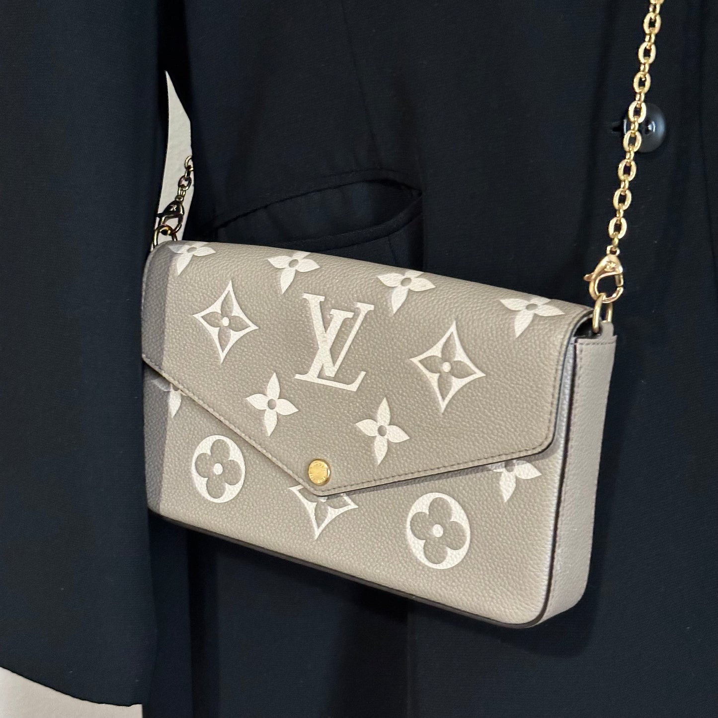 Authentic Louis Vuitton Turtledove Empreinte Felicie Pochette Crossbody