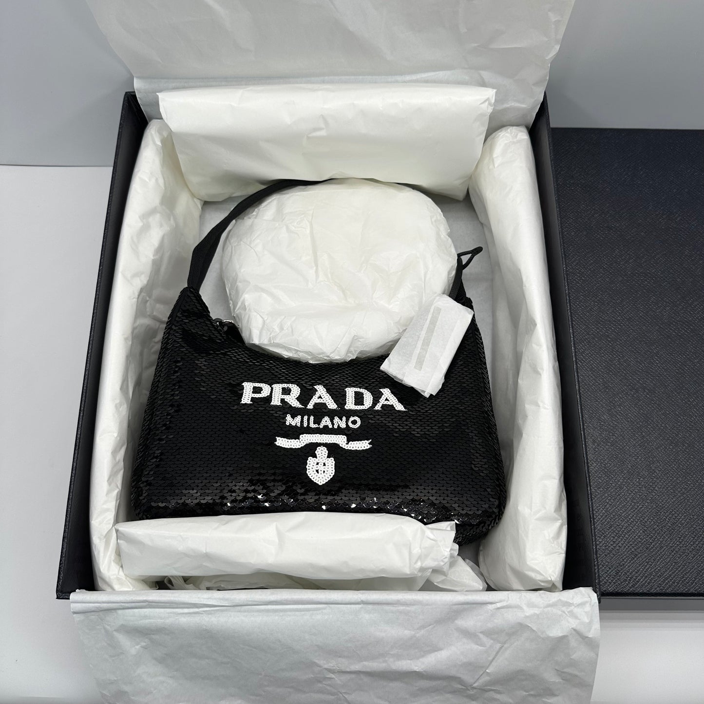 Authentic PRADA Paillettes Sequin Mini Re-Edition 2000 Bag Black White