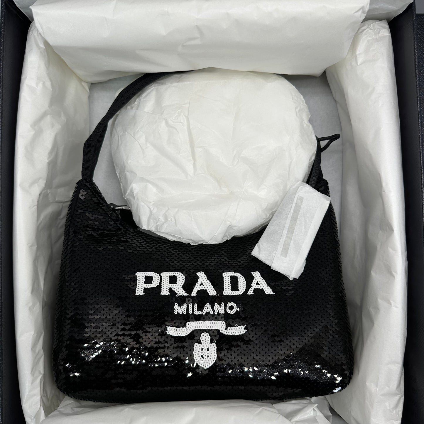 Authentic PRADA Paillettes Sequin Mini Re-Edition 2000 Bag Black White