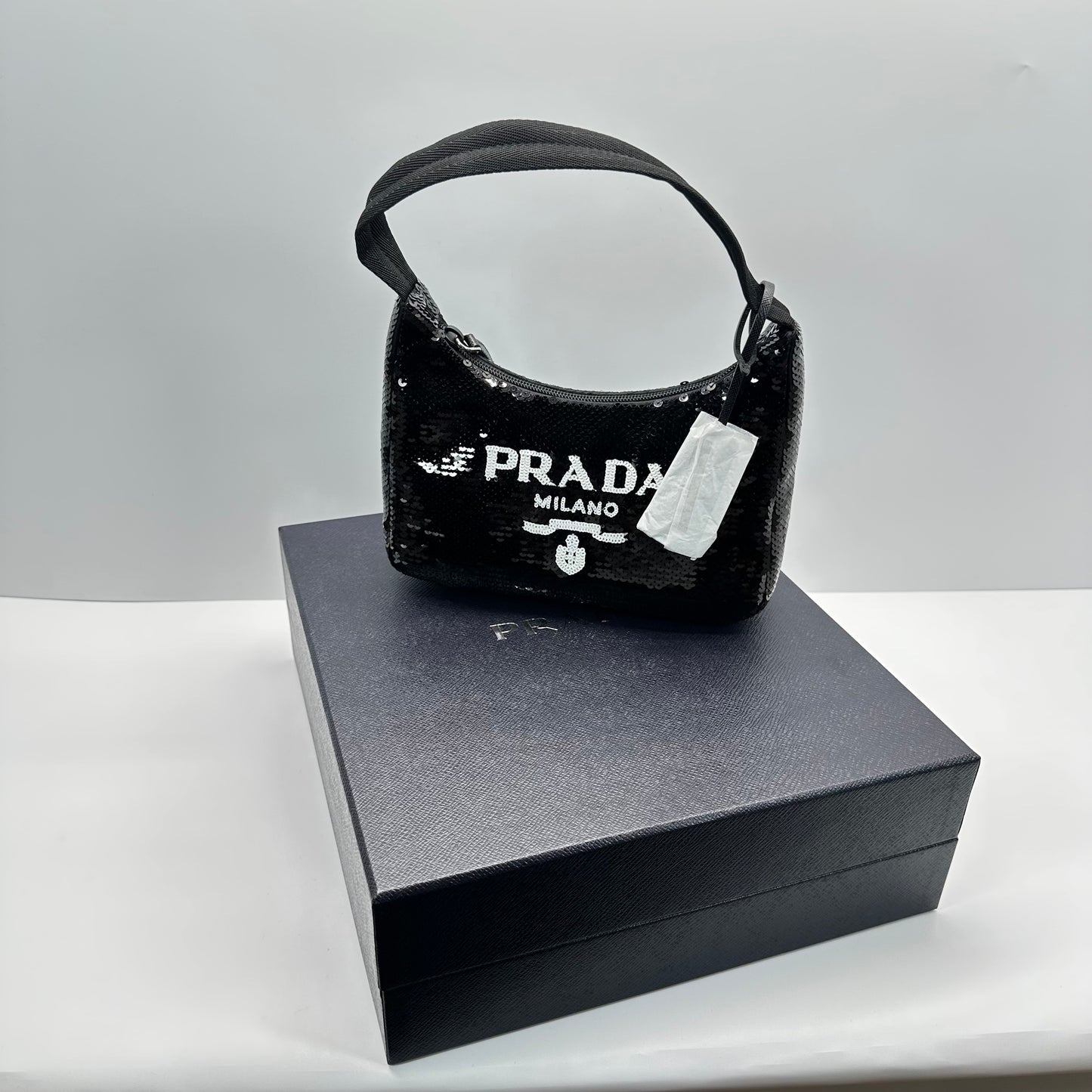 Authentic PRADA Paillettes Sequin Mini Re-Edition 2000 Bag Black White