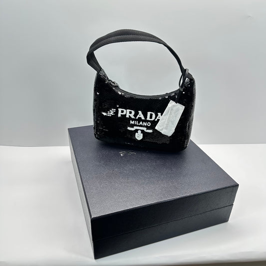 Authentic PRADA Paillettes Sequin Mini Re-Edition 2000 Bag Black White