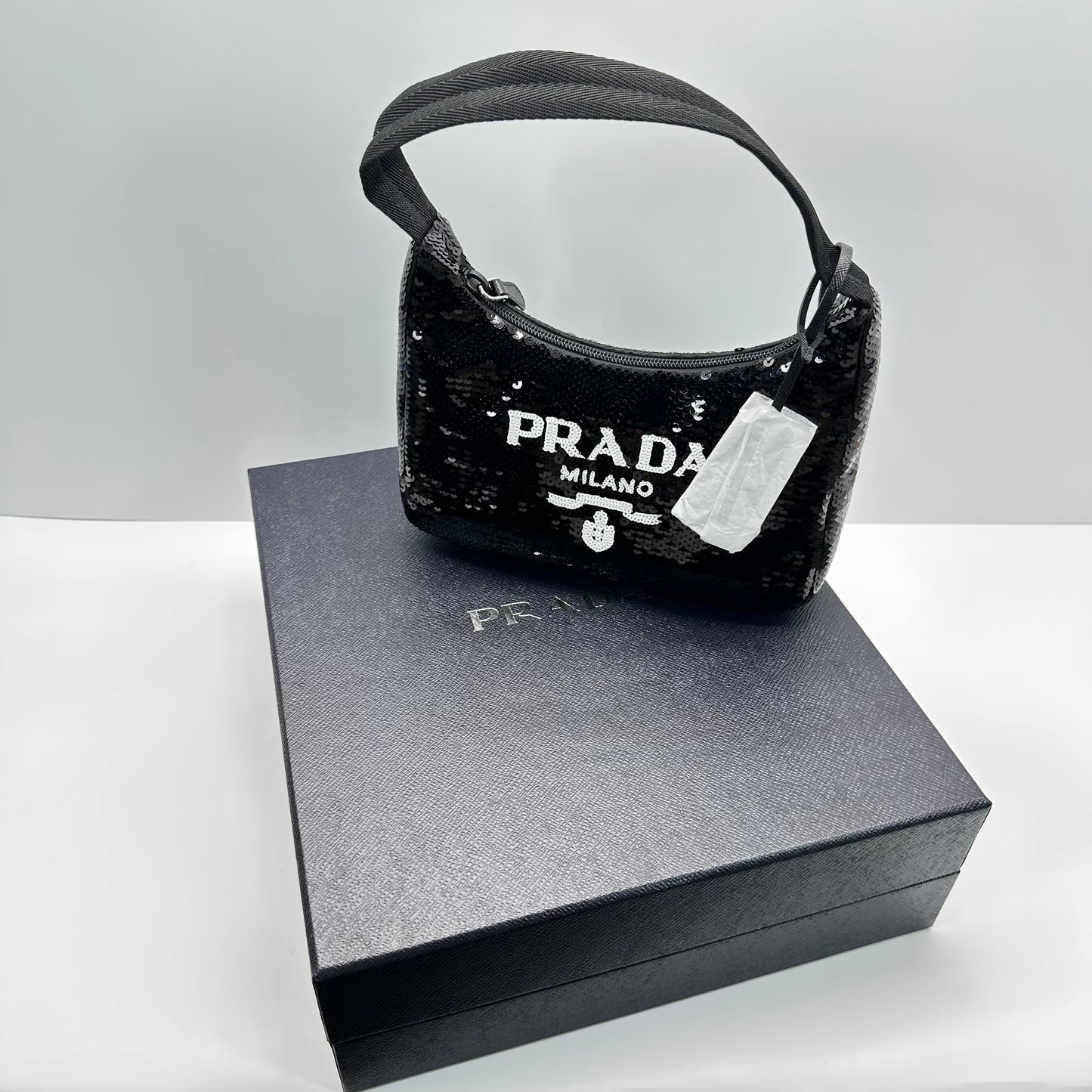 Authentic PRADA Paillettes Sequin Mini Re-Edition 2000 Bag Black White