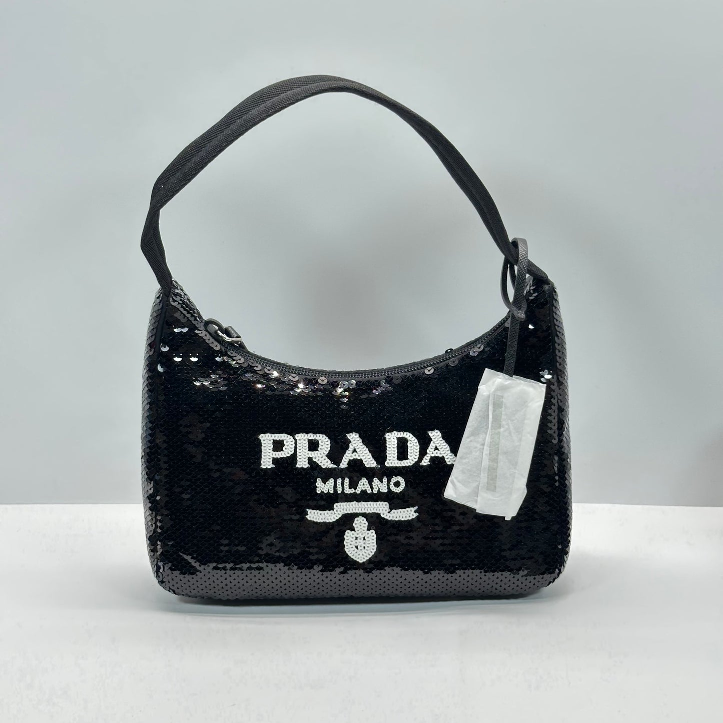Authentic PRADA Paillettes Sequin Mini Re-Edition 2000 Bag Black White