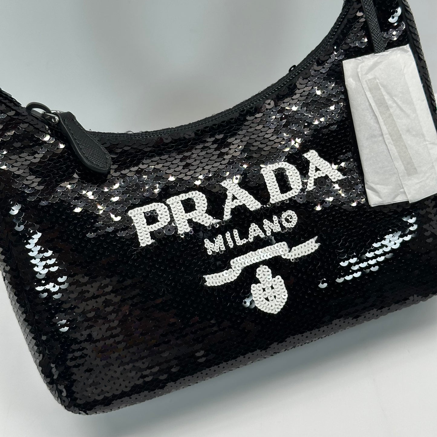 Authentic PRADA Paillettes Sequin Mini Re-Edition 2000 Bag Black White