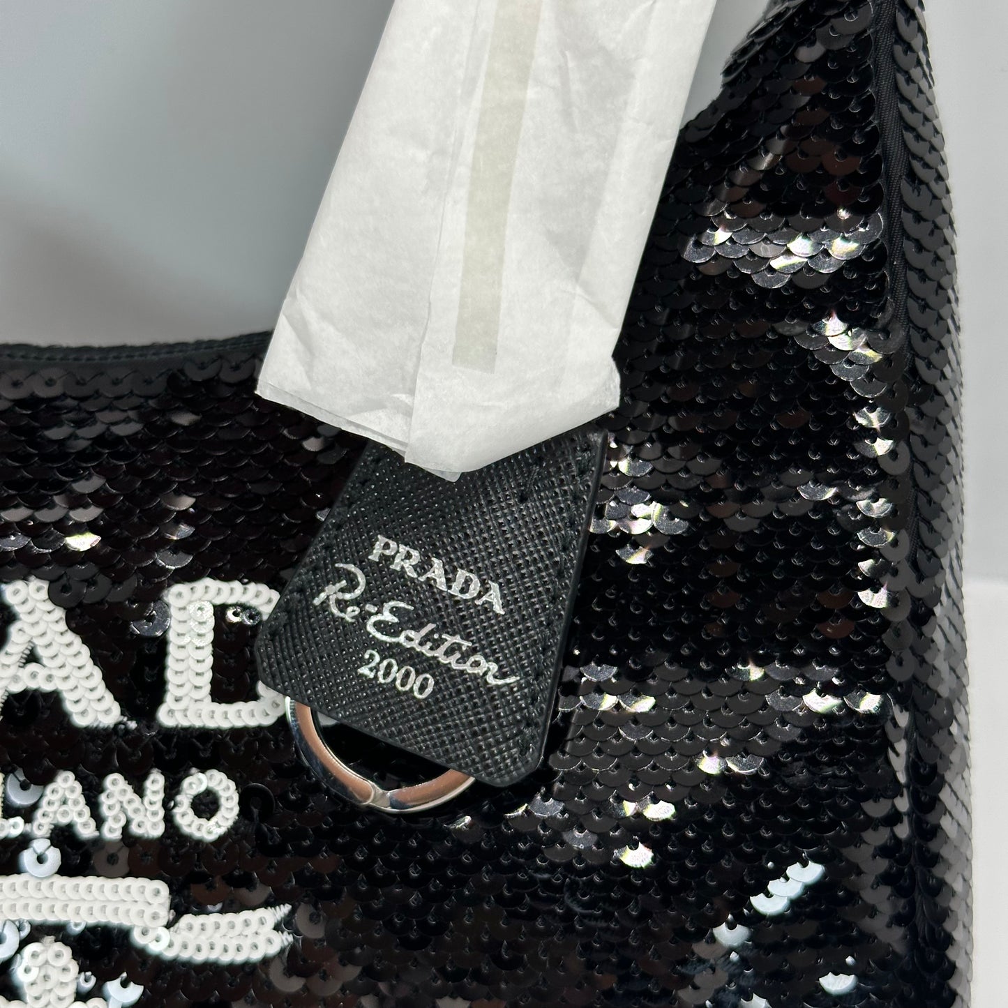 Authentic PRADA Paillettes Sequin Mini Re-Edition 2000 Bag Black White