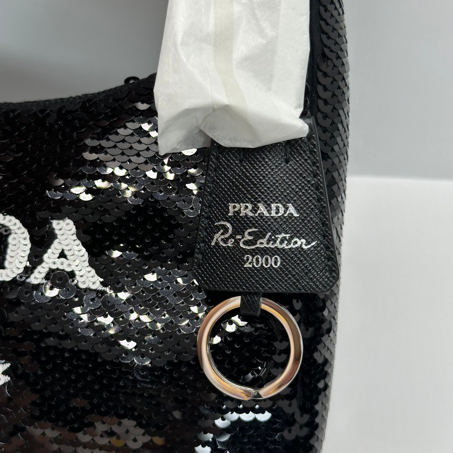 Authentic PRADA Paillettes Sequin Mini Re-Edition 2000 Bag Black White