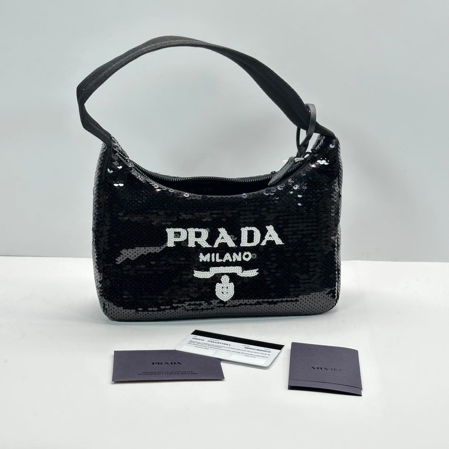 Authentic PRADA Paillettes Sequin Mini Re-Edition 2000 Bag Black White