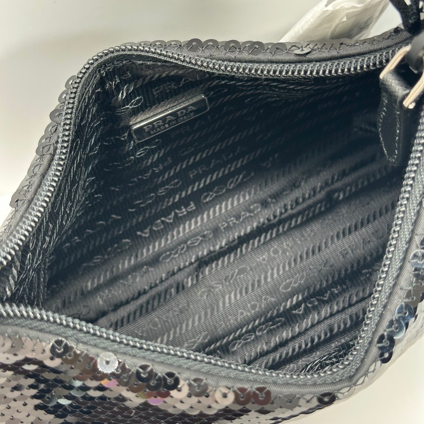 Authentic PRADA Paillettes Sequin Mini Re-Edition 2000 Bag Black White