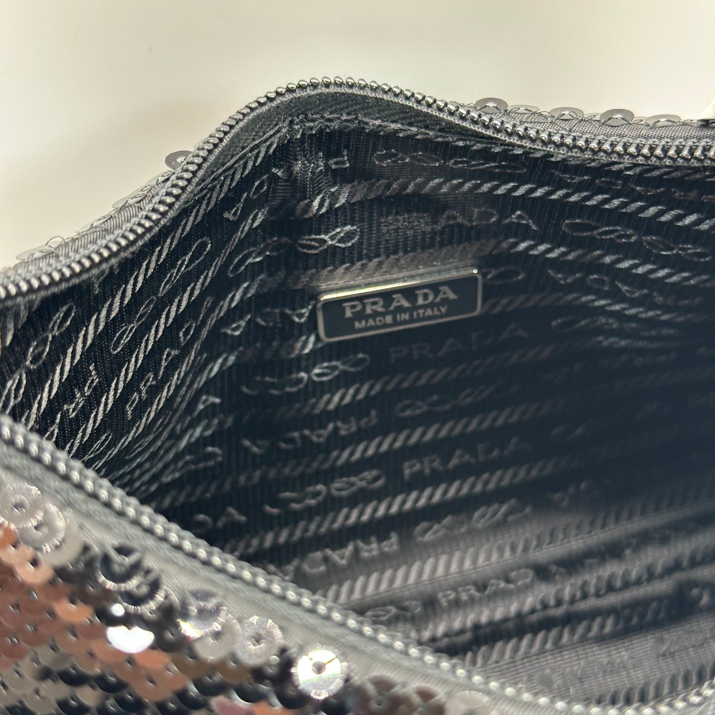 Authentic PRADA Paillettes Sequin Mini Re-Edition 2000 Bag Black White