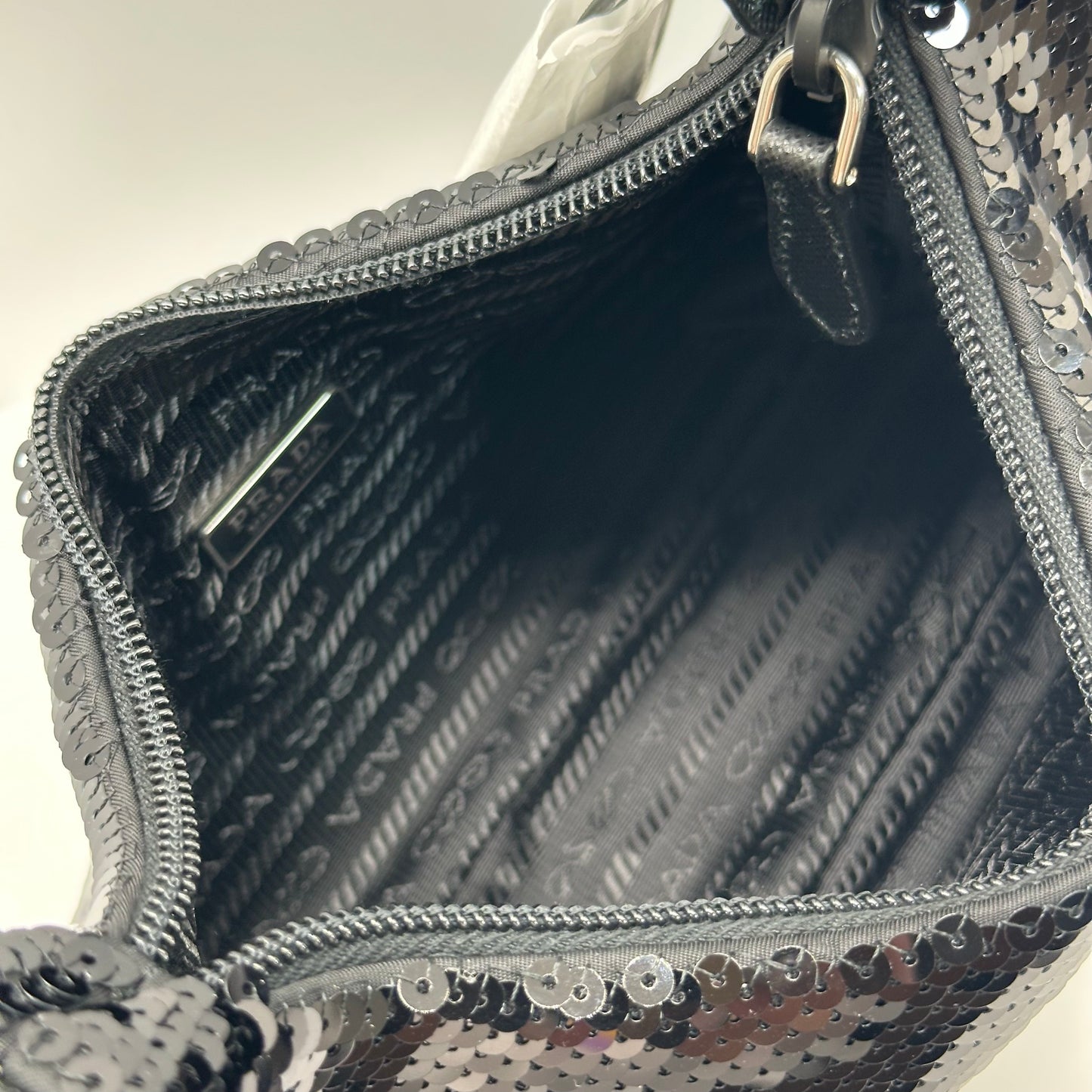 Authentic PRADA Paillettes Sequin Mini Re-Edition 2000 Bag Black White