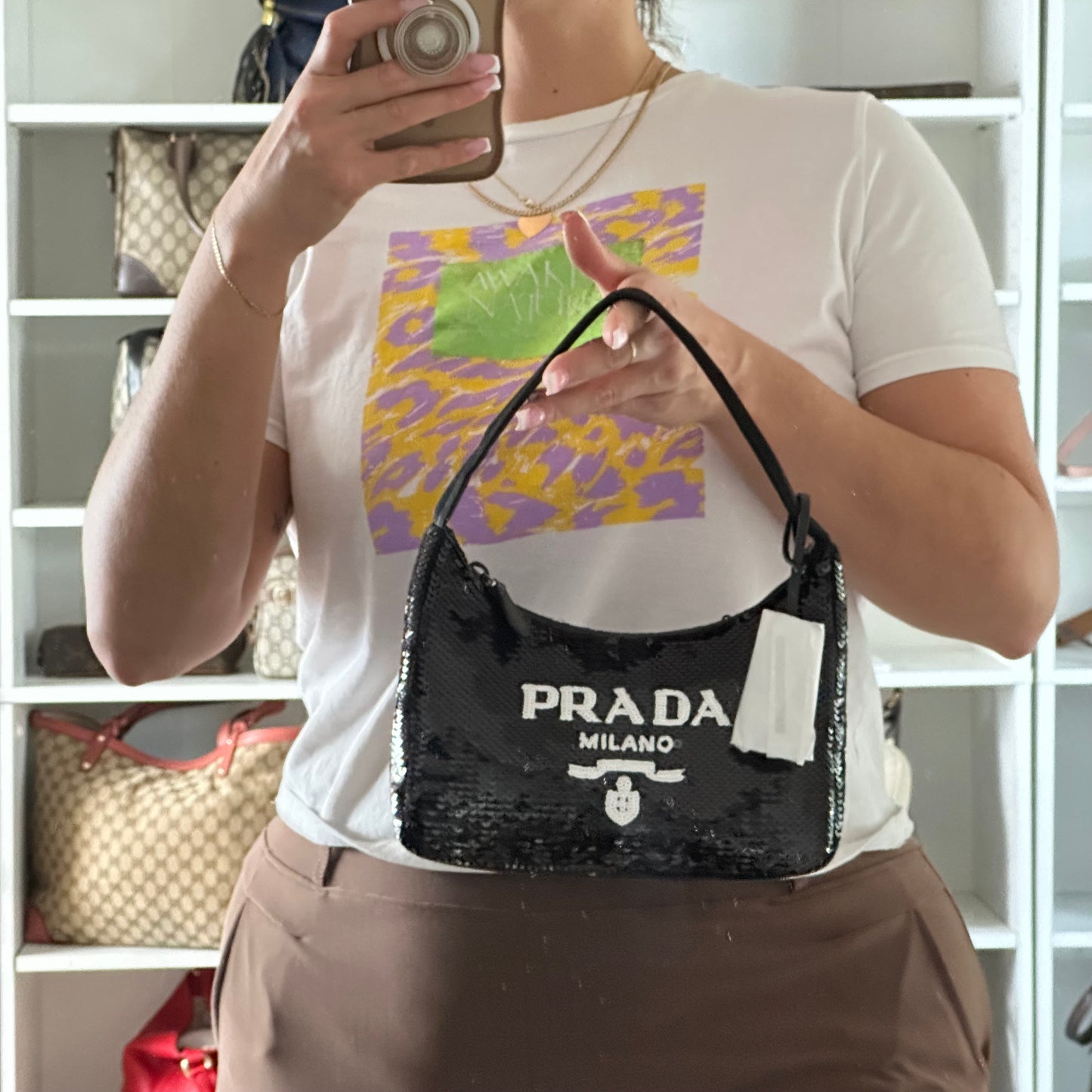 Authentic PRADA Paillettes Sequin Mini Re-Edition 2000 Bag Black White