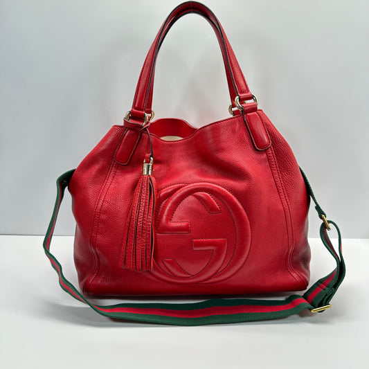 Authentic GUCCI Red Pebbled Leather Soho Top Handle Tote Bag