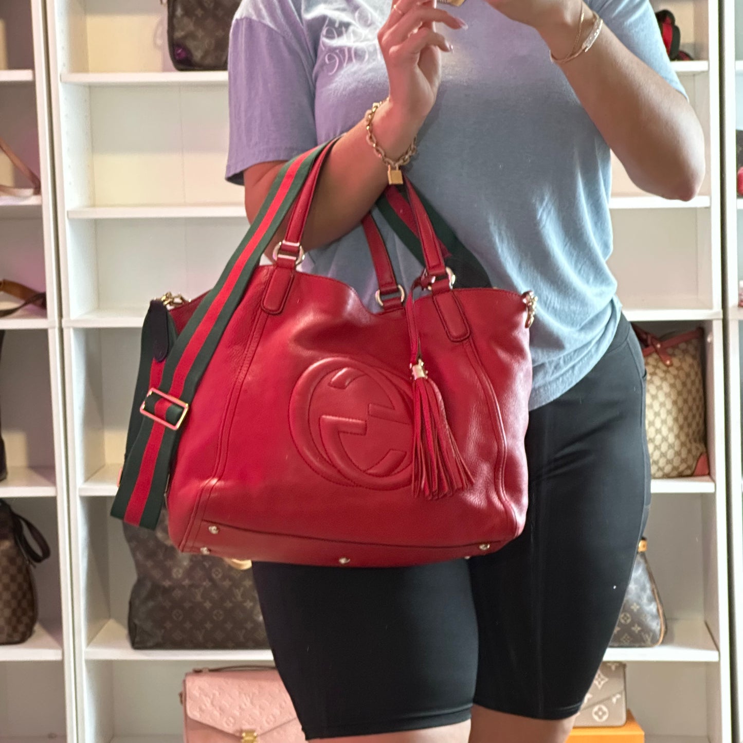 Authentic GUCCI Red Pebbled Leather Soho Top Handle Tote Bag