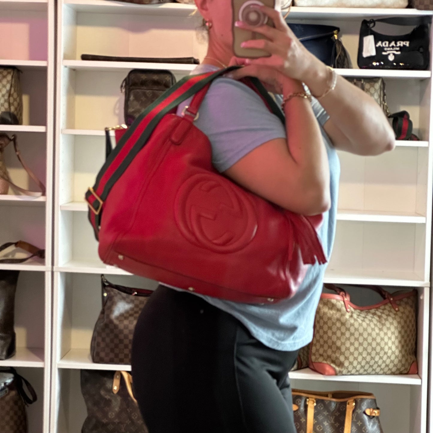 Authentic GUCCI Red Pebbled Leather Soho Top Handle Tote Bag