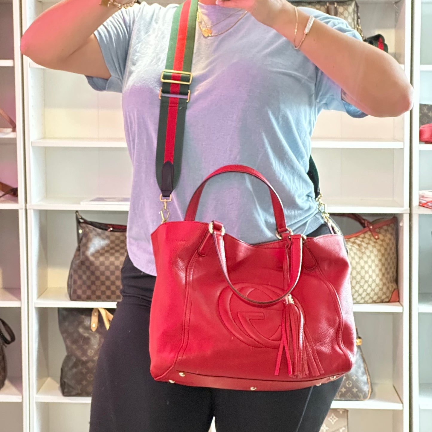 Authentic GUCCI Red Pebbled Leather Soho Top Handle Tote Bag