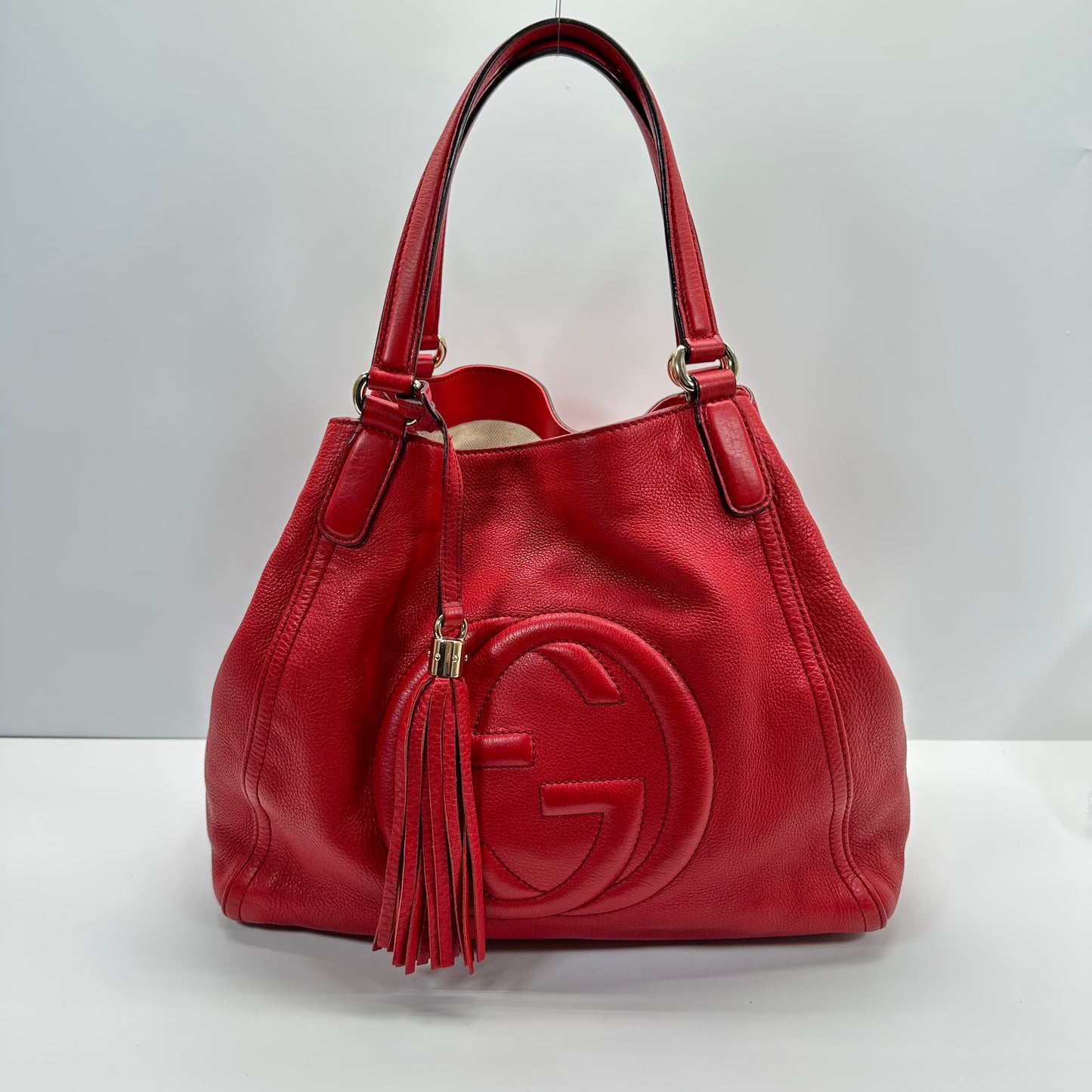 Authentic GUCCI Red Pebbled Leather Soho Top Handle Tote Bag