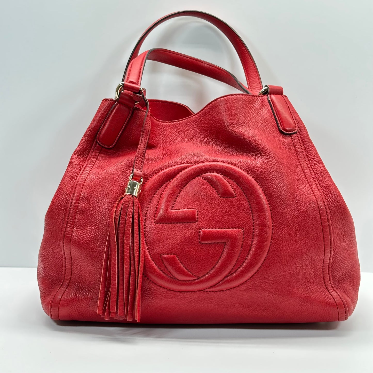 Authentic GUCCI Red Pebbled Leather Soho Top Handle Tote Bag
