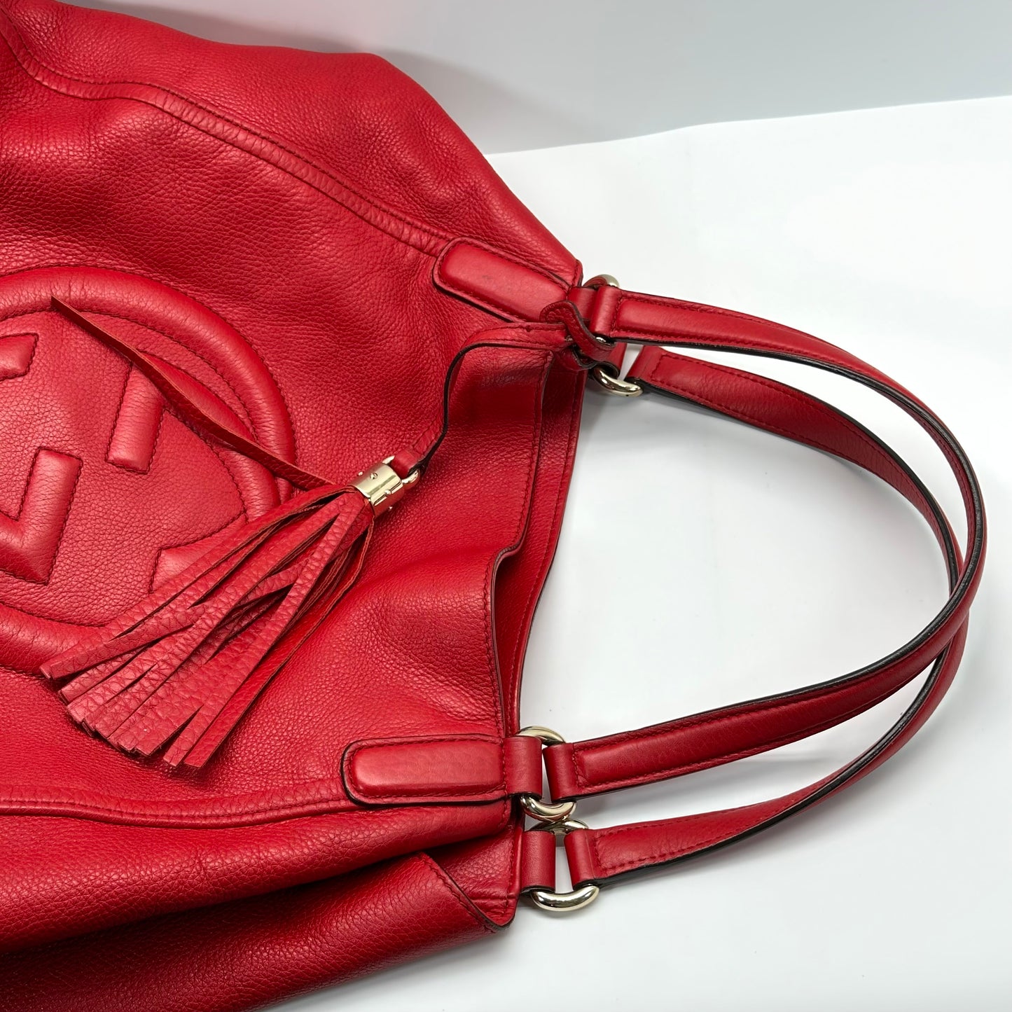 Authentic GUCCI Red Pebbled Leather Soho Top Handle Tote Bag