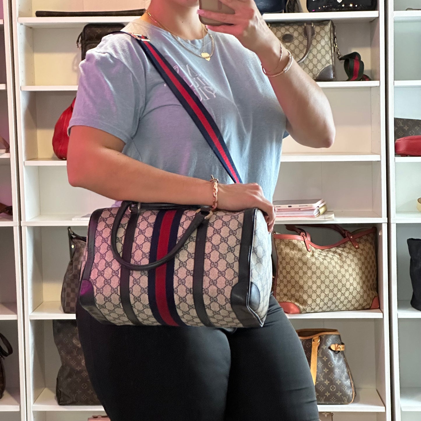 Authentic GUCCI GG Sherry Line Boston Handbag