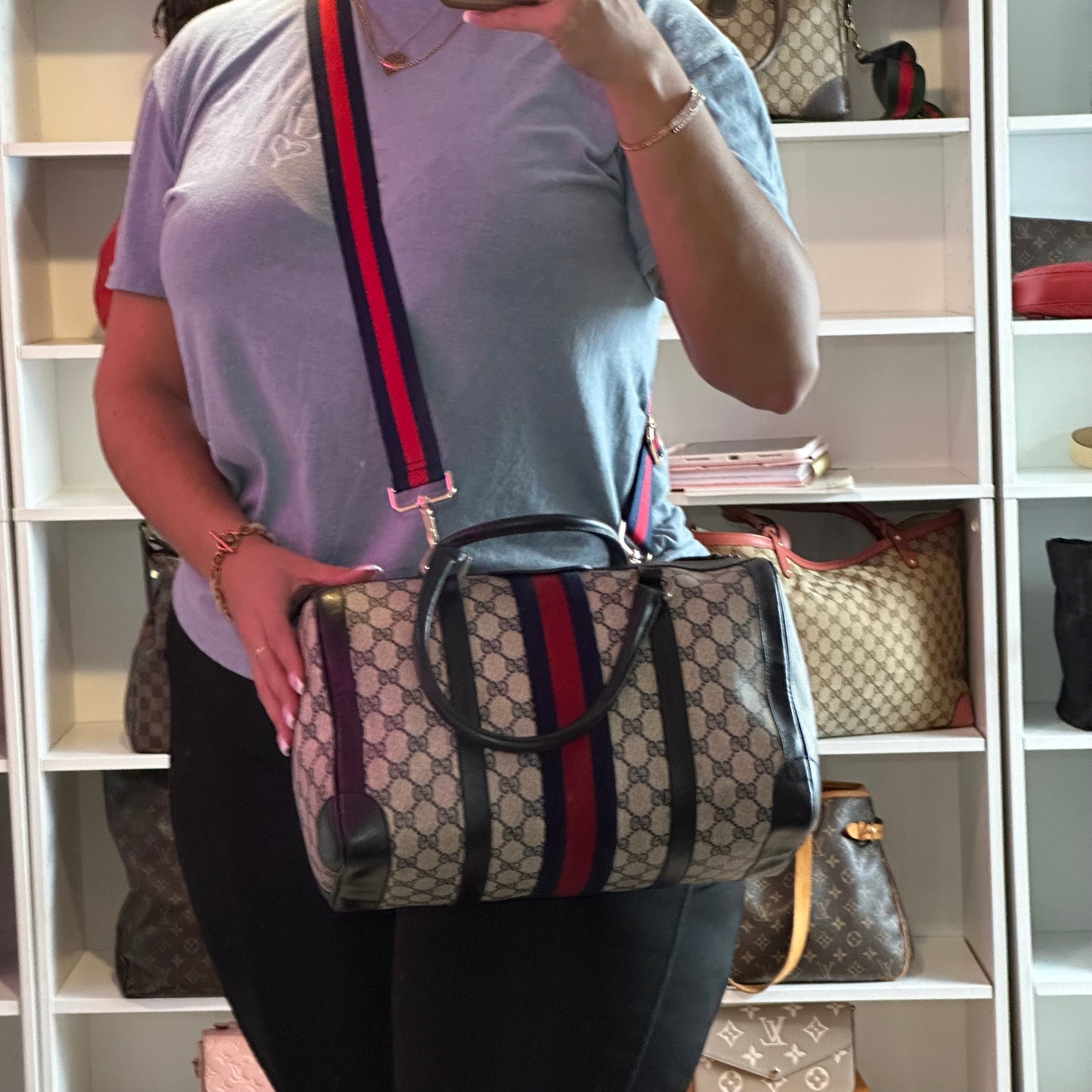 Authentic GUCCI GG Sherry Line Boston Handbag