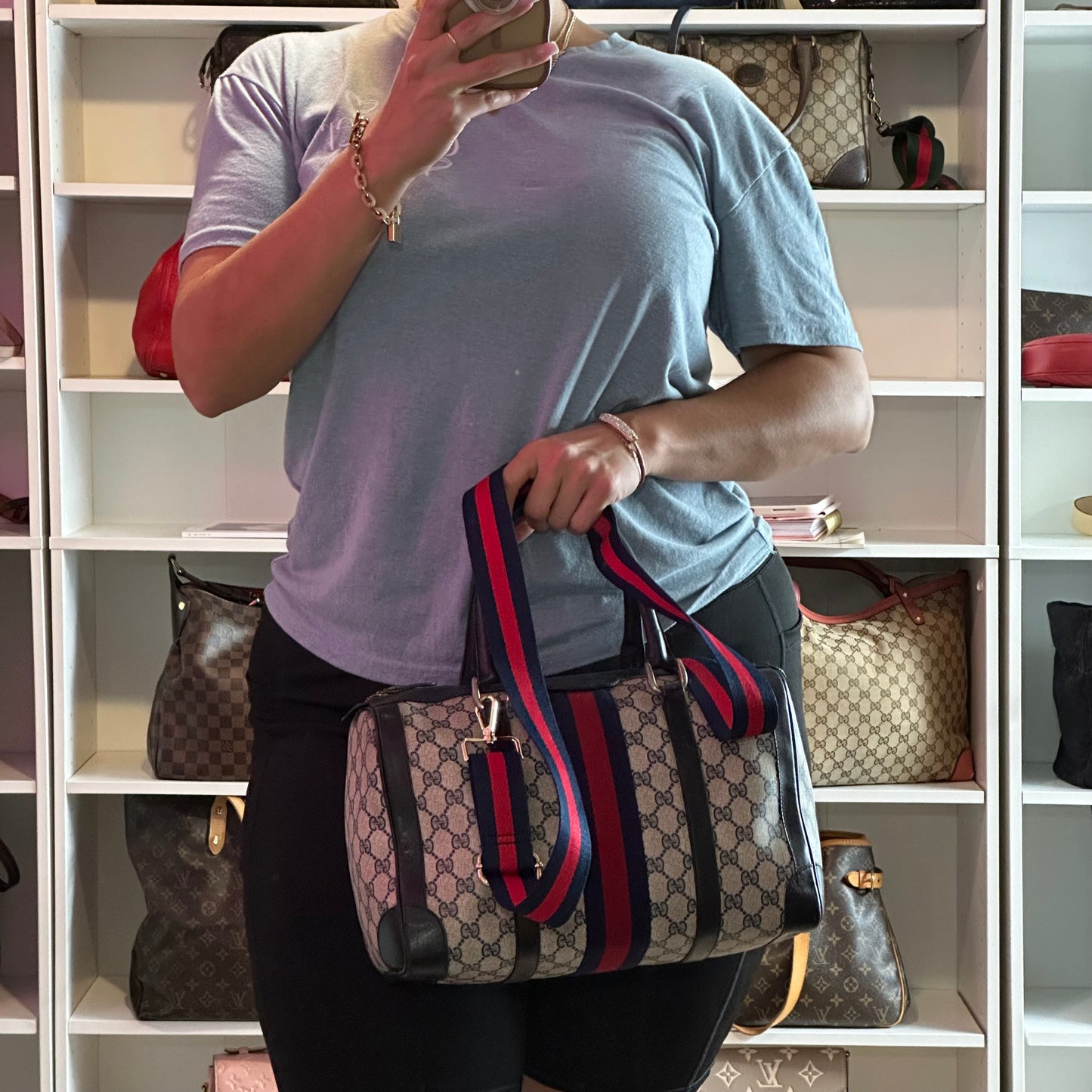 Authentic GUCCI GG Sherry Line Boston Handbag