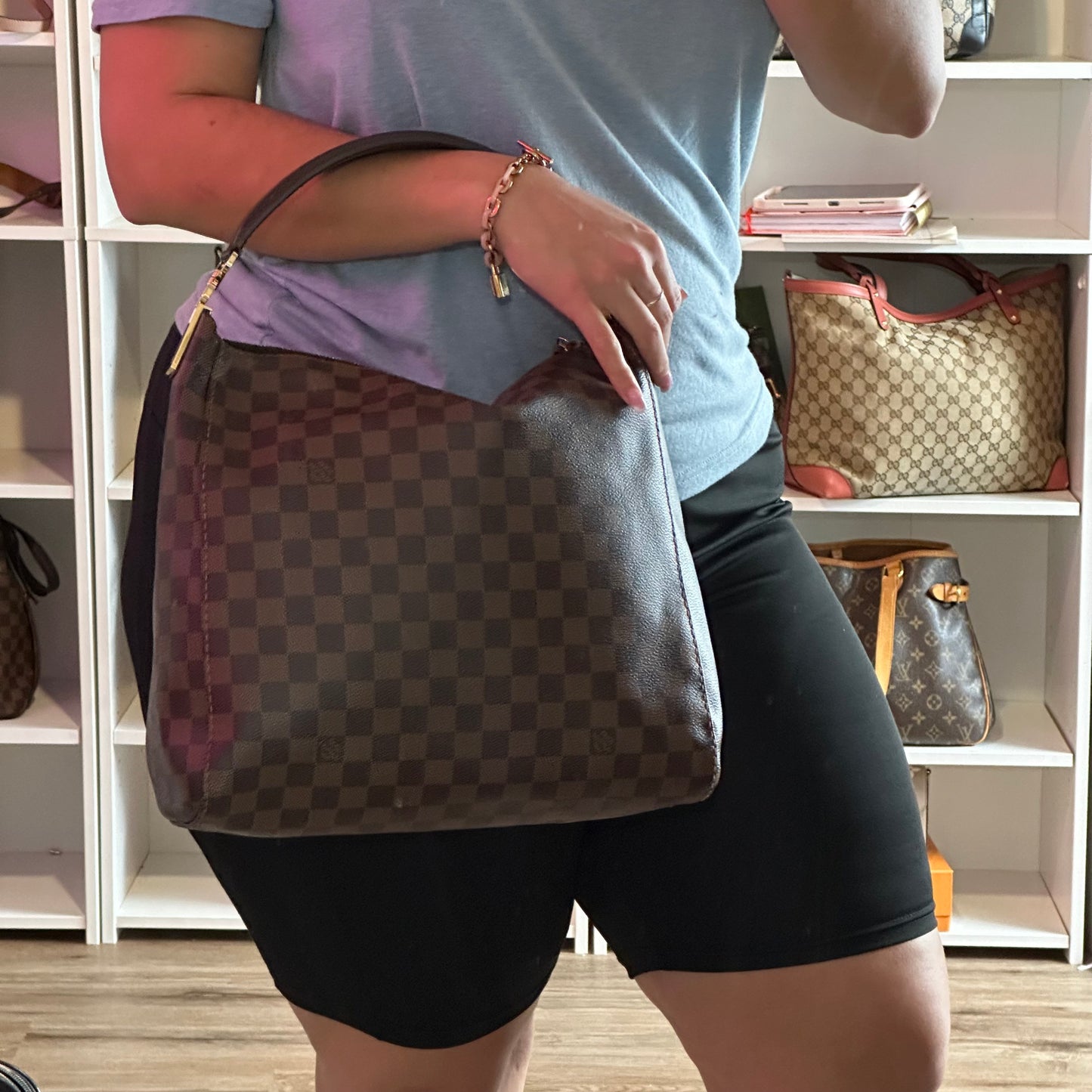 Authentic 2015 Louis Vuitton Damier Ebene Portobello PM Hobo Bag