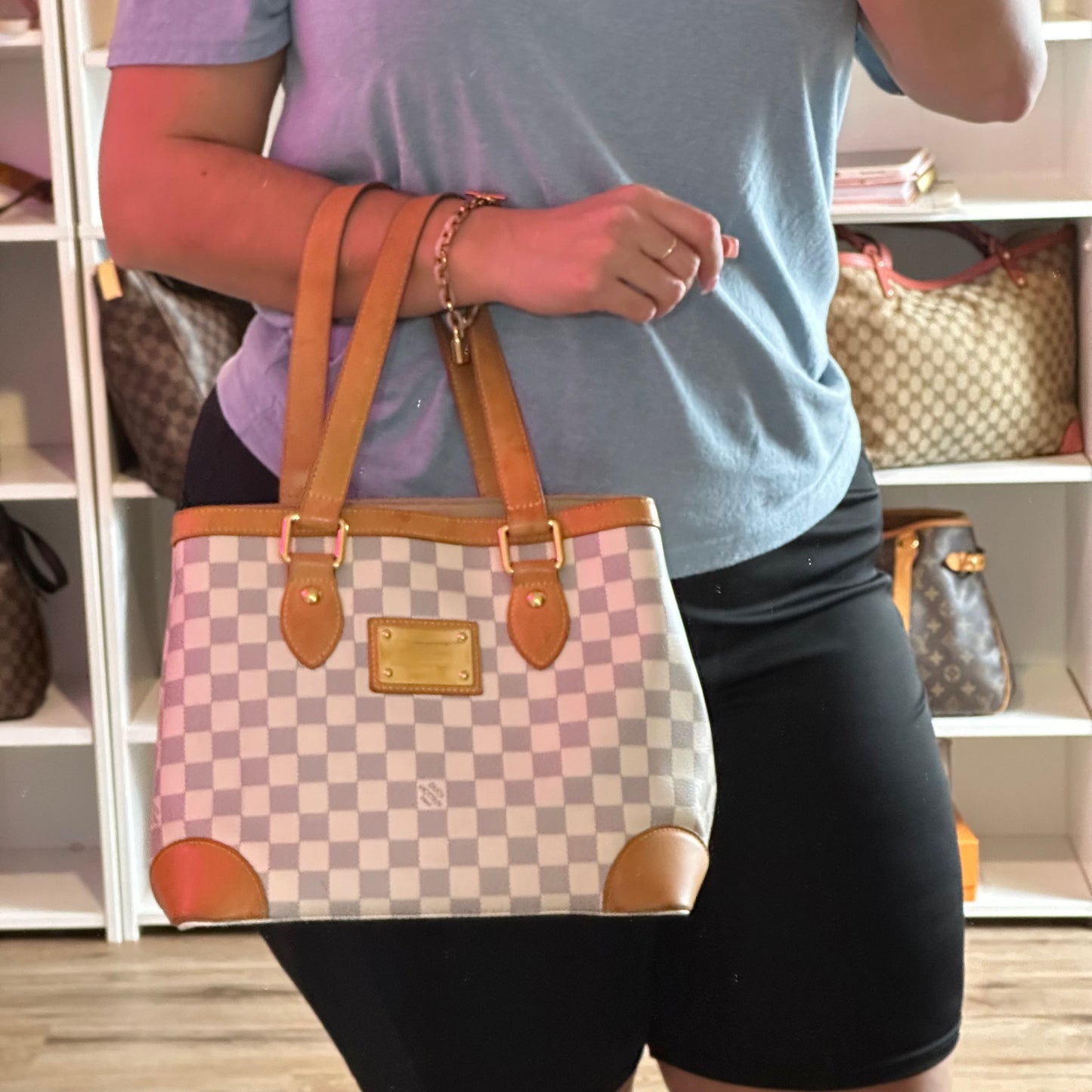 Authentic Louis Vuitton Damier Azur Hampstead PM Shoulder Bag