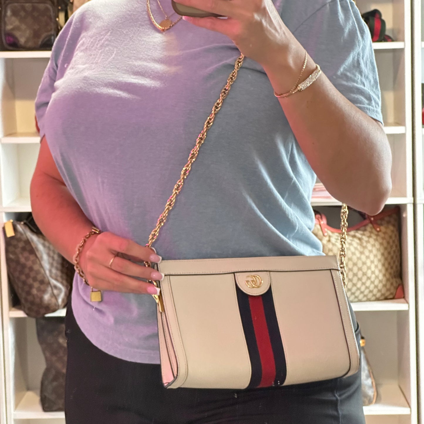 Authentic GUCCI White Ophidia Medium Chain Shoulder Bag