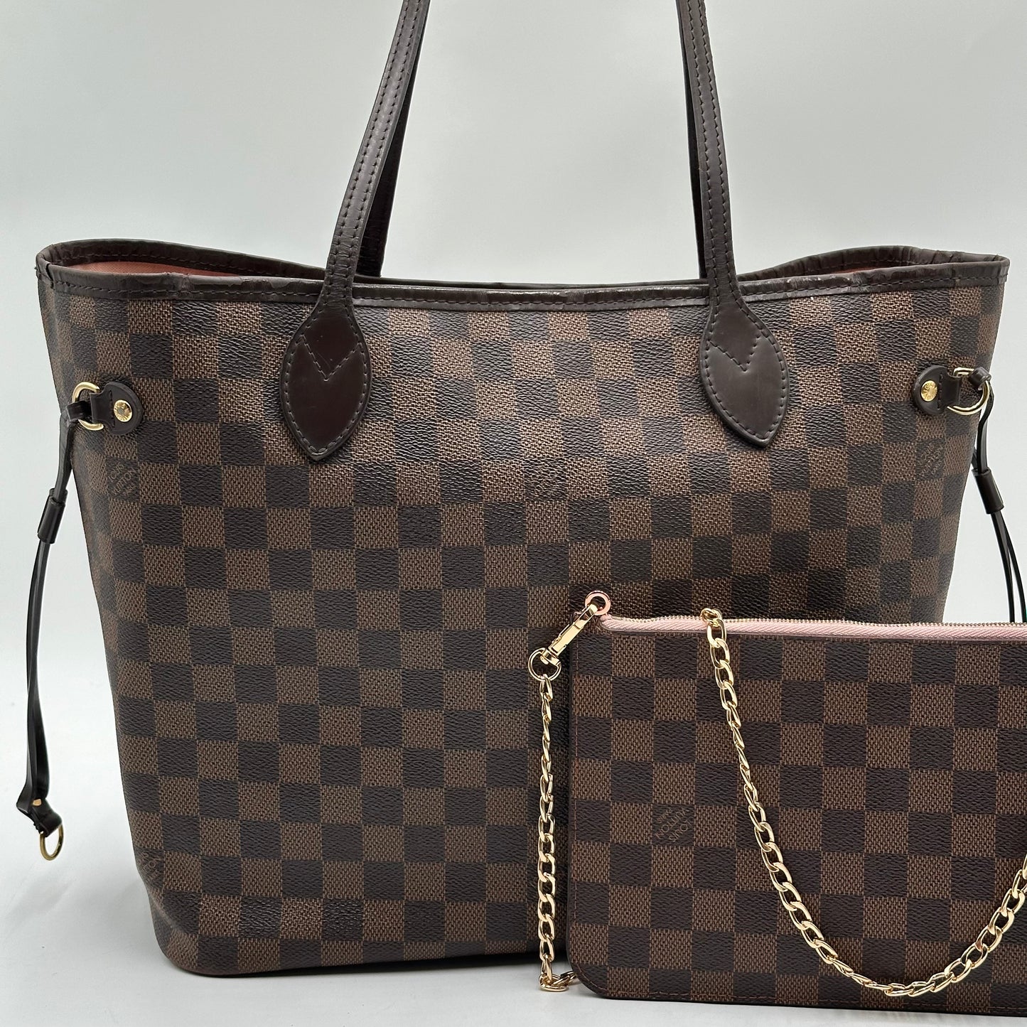 Authentic Louis Vuitton 2018 Damier Ebene Neverfull Rose Ballerine MM + Wristlet