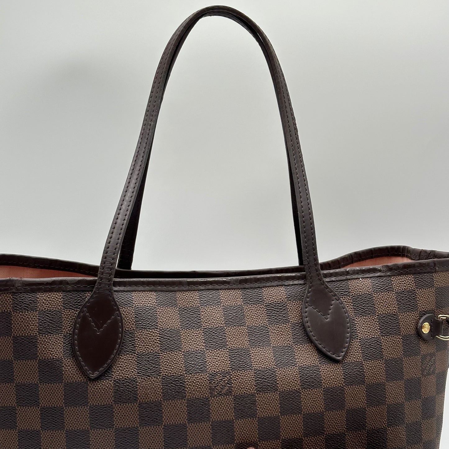 Authentic Louis Vuitton 2018 Damier Ebene Neverfull Rose Ballerine MM + Wristlet