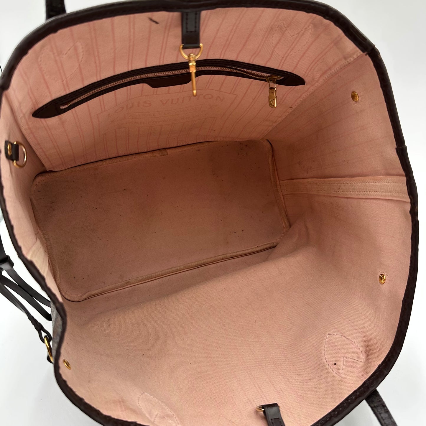 Authentic Louis Vuitton 2018 Damier Ebene Neverfull Rose Ballerine MM + Wristlet