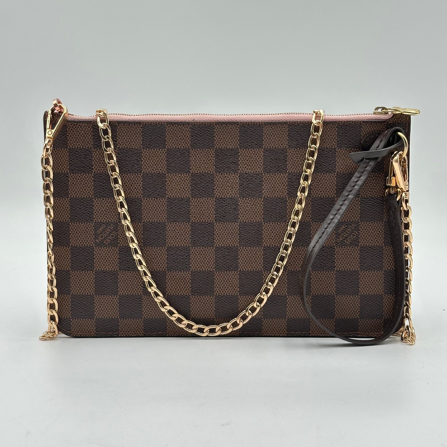 Authentic Louis Vuitton 2018 Damier Ebene Rose Ballerine Neverfull MM Wristlet Crossbody