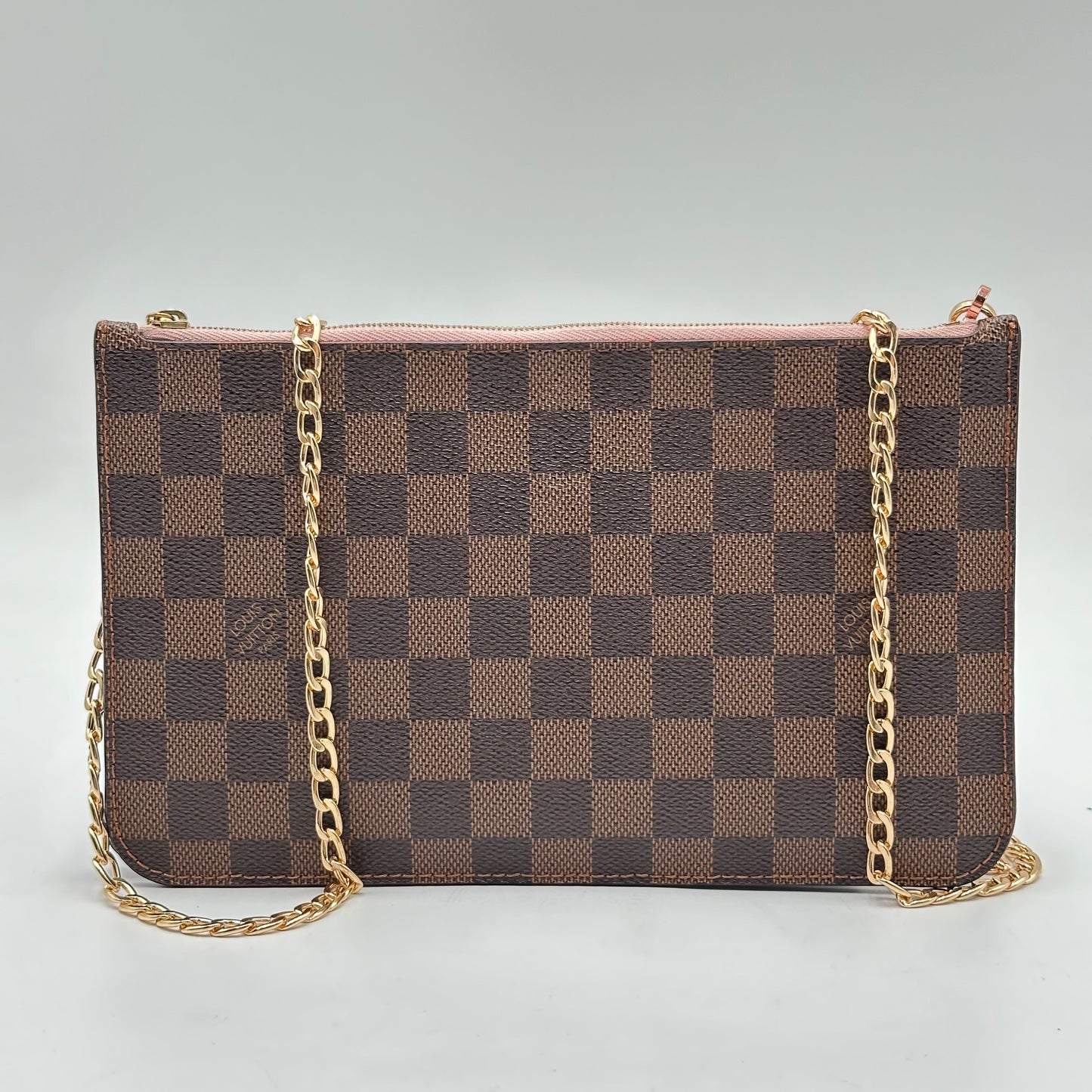 Authentic Louis Vuitton 2018 Damier Ebene Rose Ballerine Neverfull MM Wristlet Crossbody