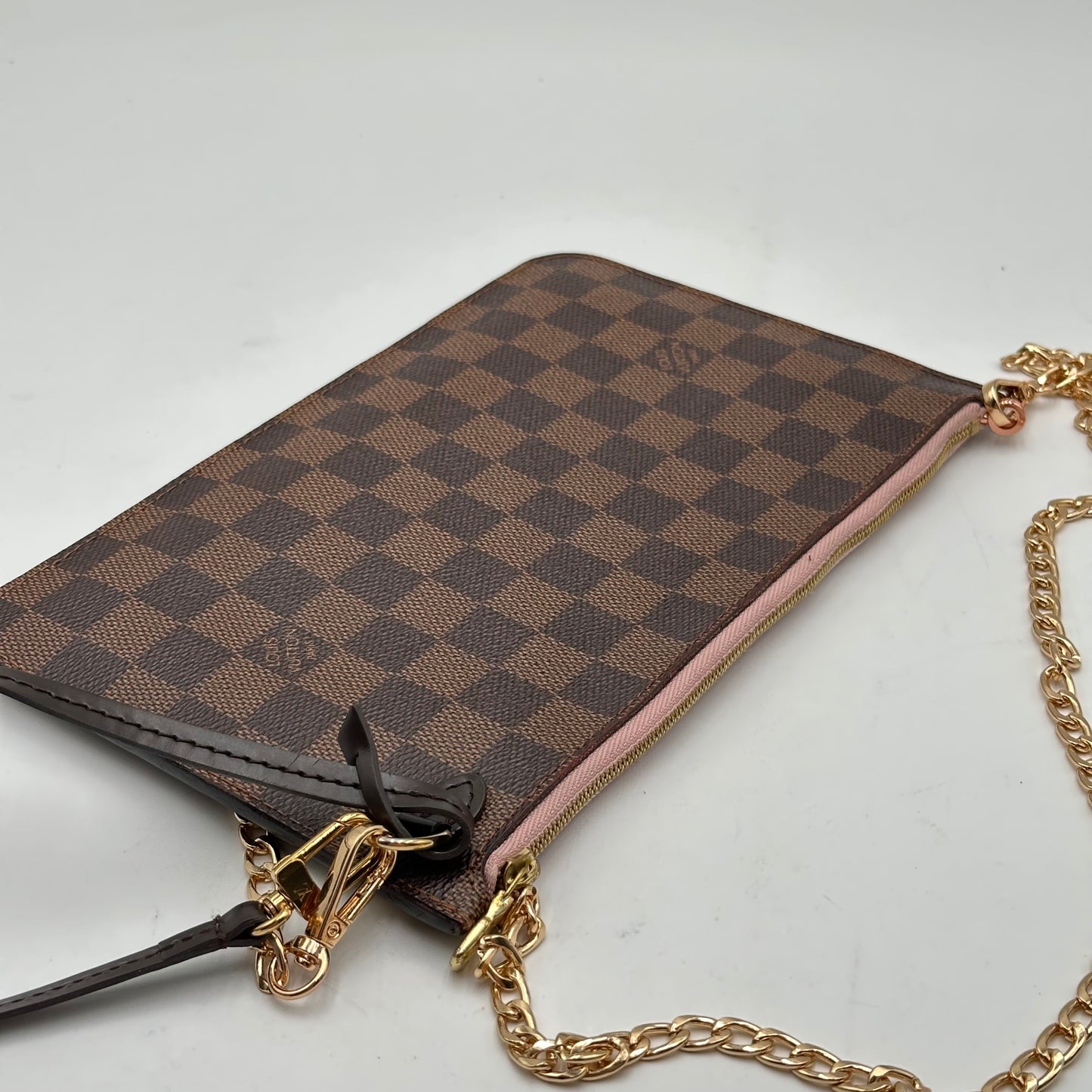 Authentic Louis Vuitton 2018 Damier Ebene Rose Ballerine Neverfull MM Wristlet Crossbody