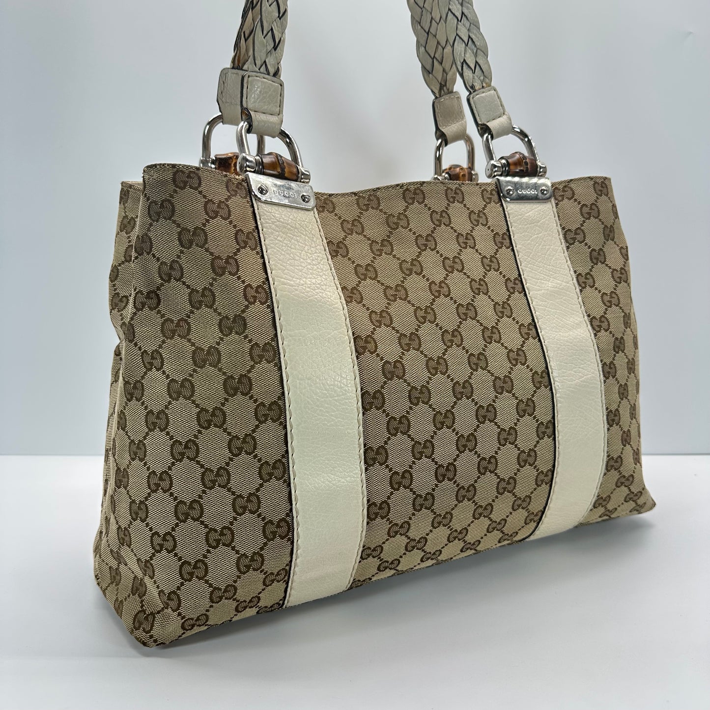 Authentic GUCC Canvas Large Bamboo Bar Tote