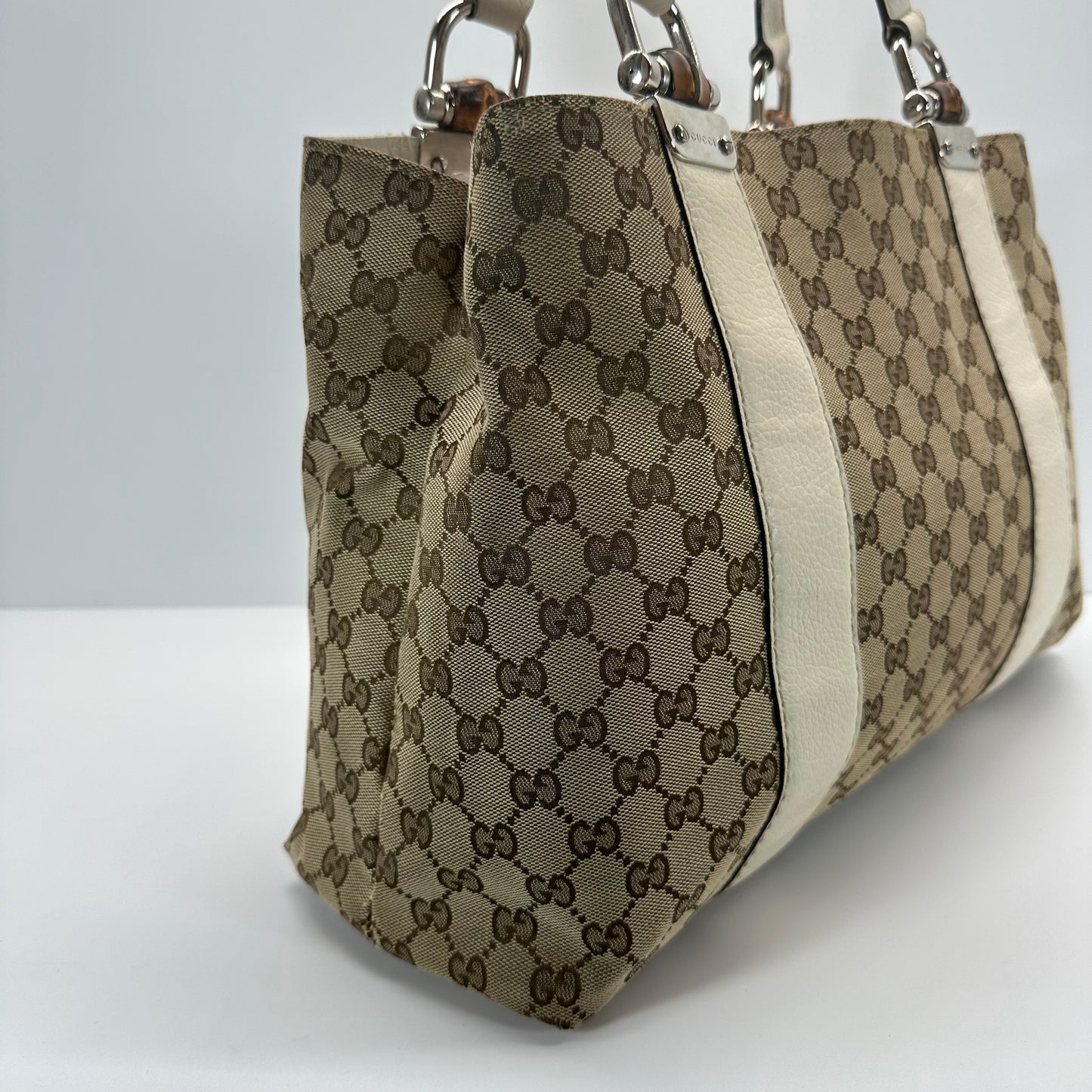 Authentic GUCC Canvas Large Bamboo Bar Tote