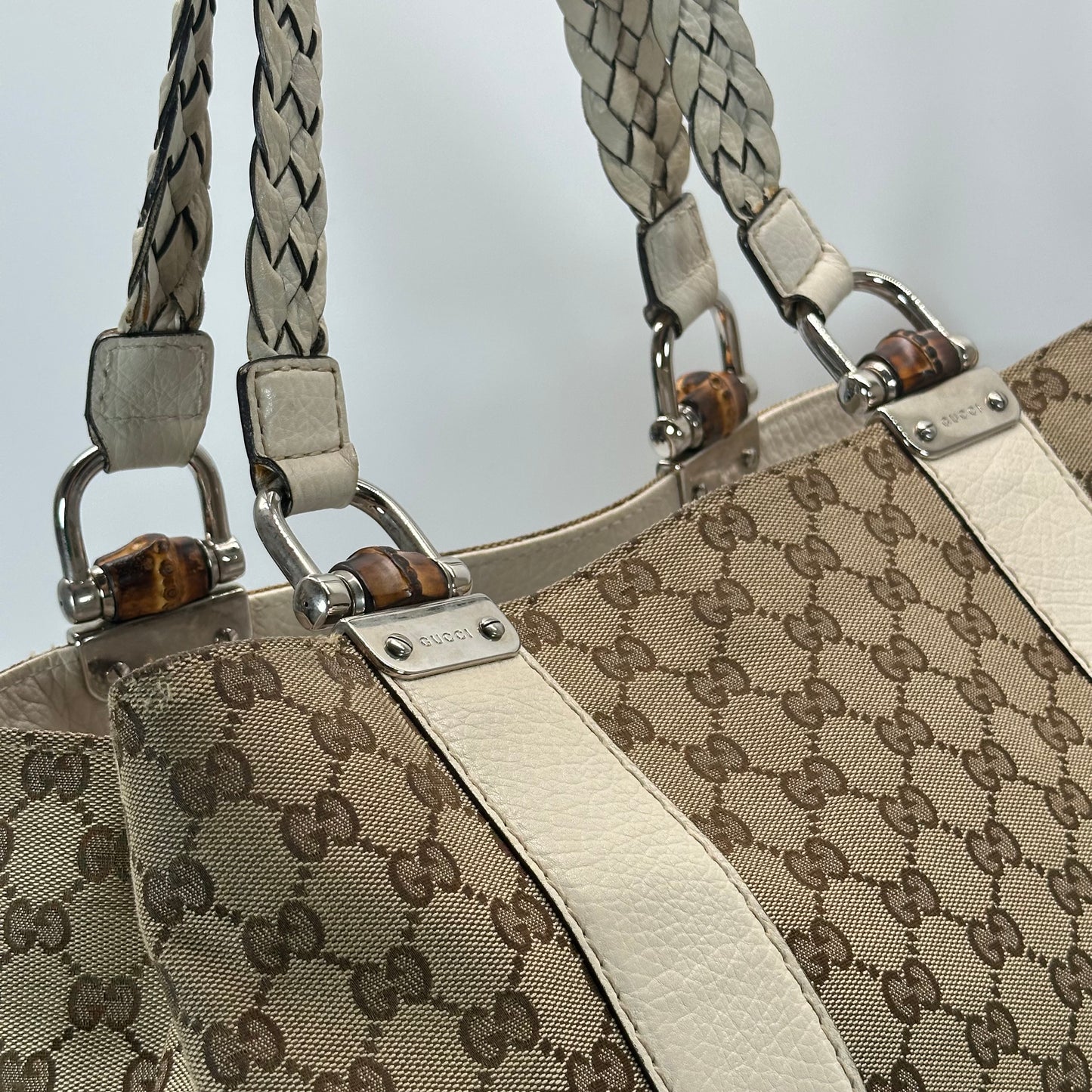 Authentic GUCC Canvas Large Bamboo Bar Tote