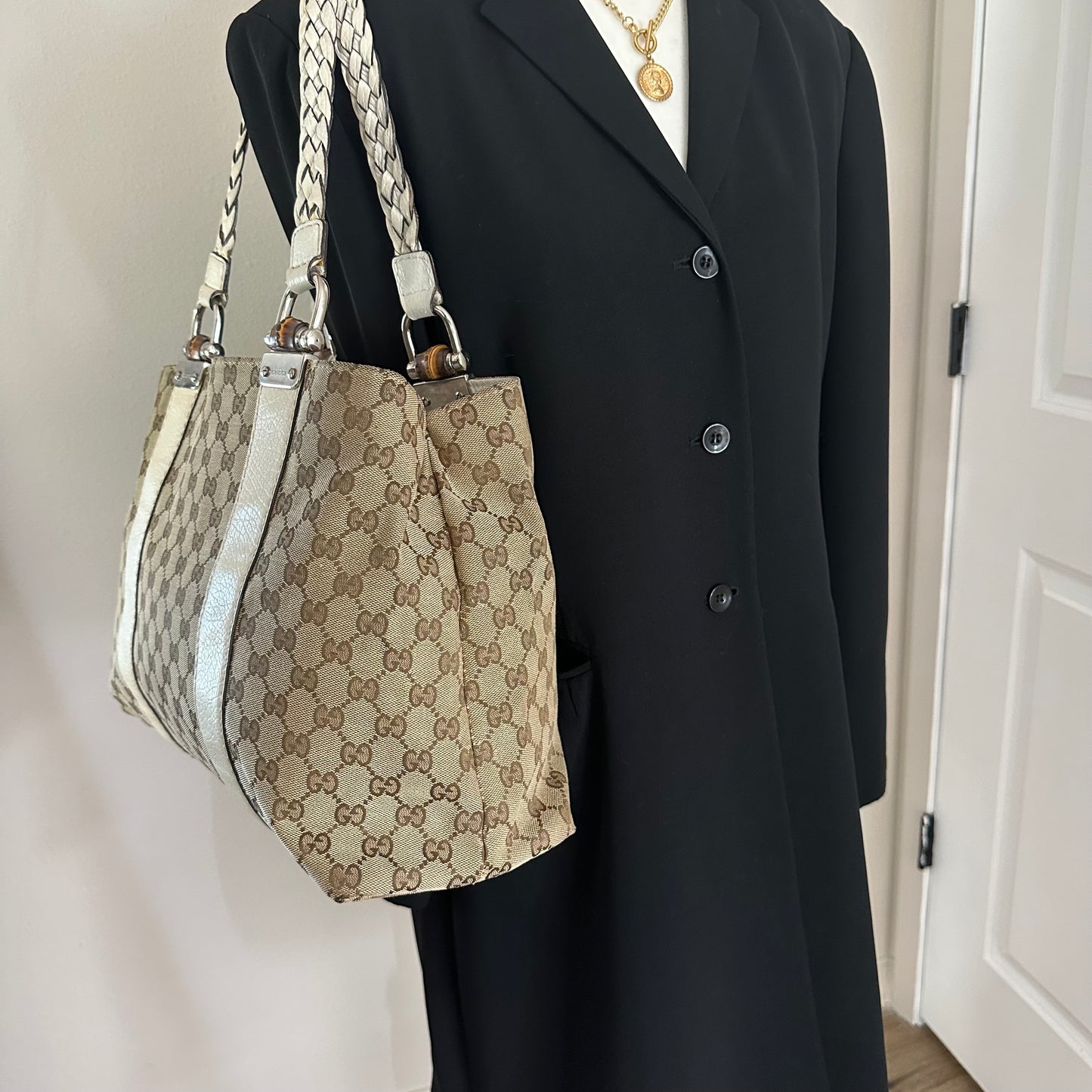 Authentic GUCC Canvas Large Bamboo Bar Tote