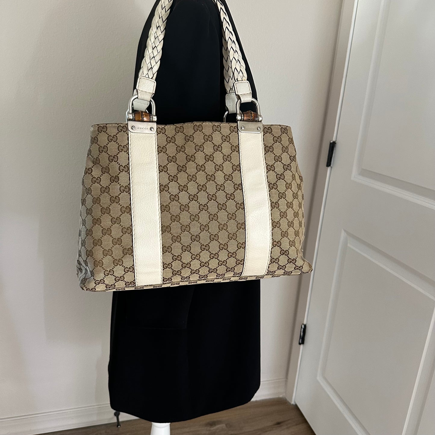 Authentic GUCC Canvas Large Bamboo Bar Tote