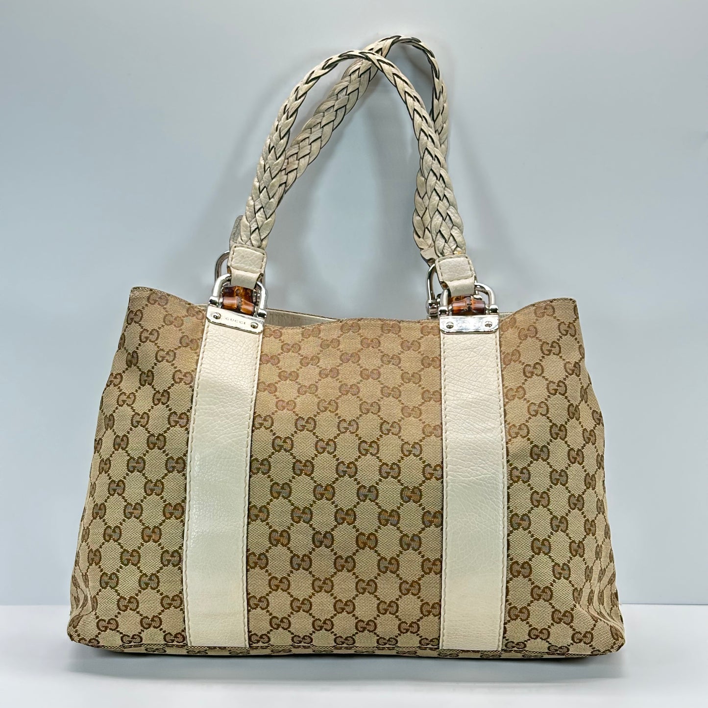 Authentic GUCC Canvas Large Bamboo Bar Tote