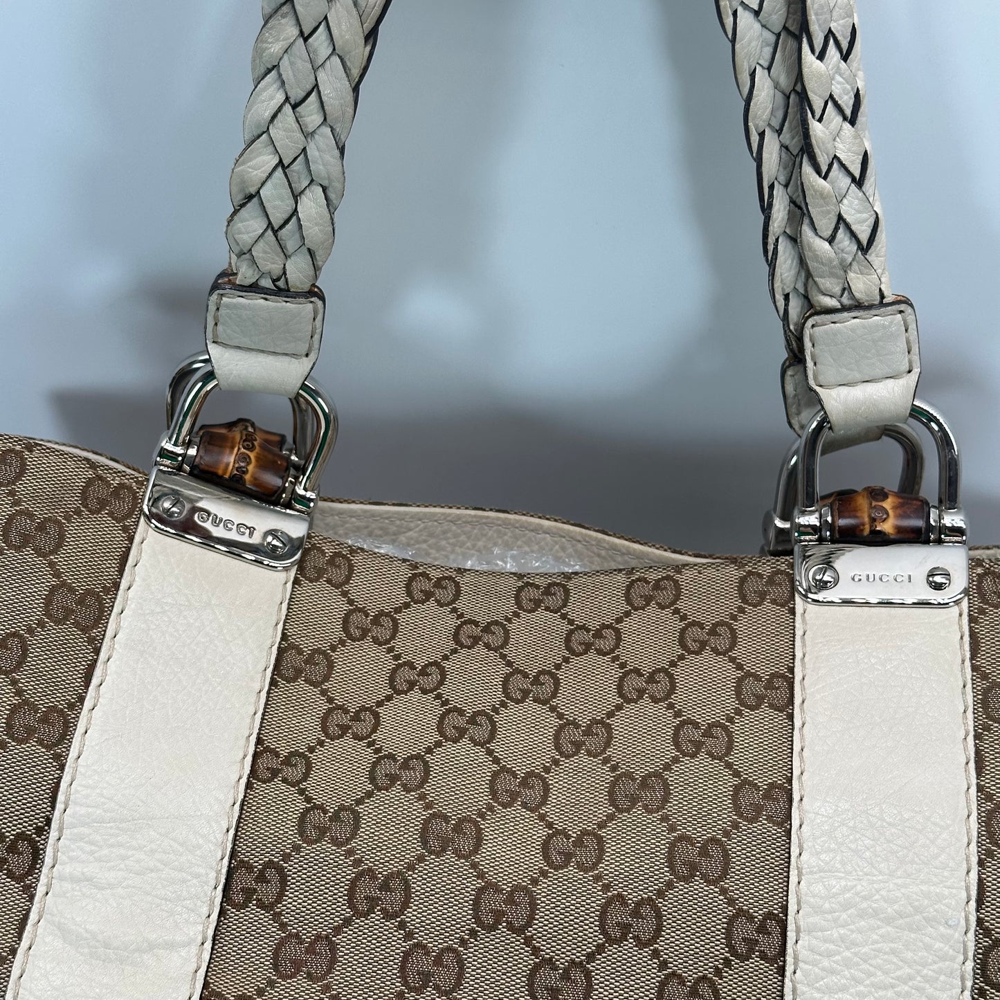 Authentic GUCC Canvas Large Bamboo Bar Tote