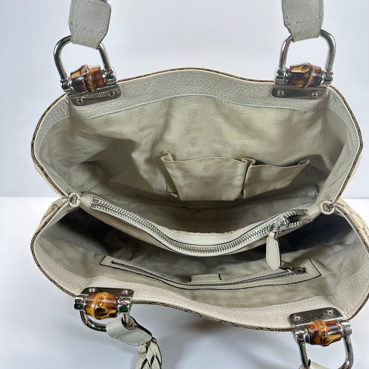 Authentic GUCC Canvas Large Bamboo Bar Tote