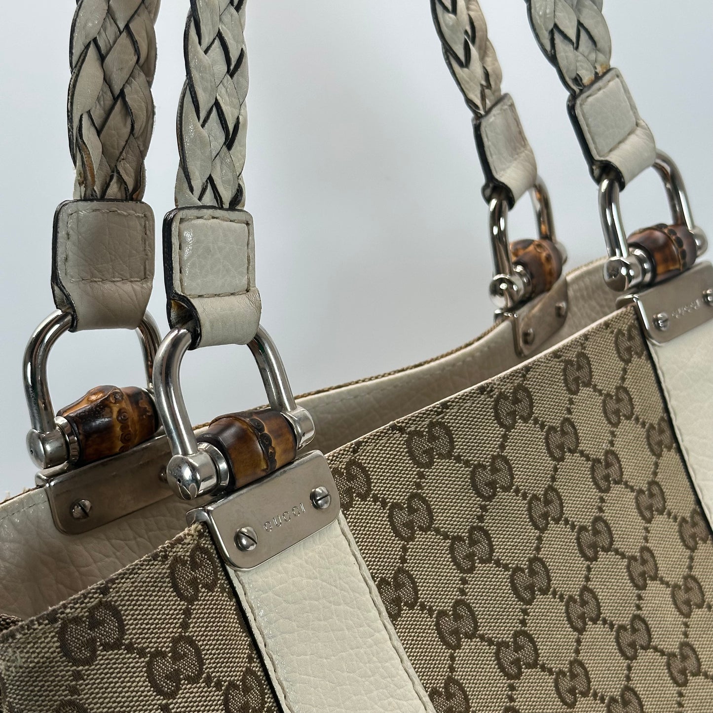 Authentic GUCC Canvas Large Bamboo Bar Tote