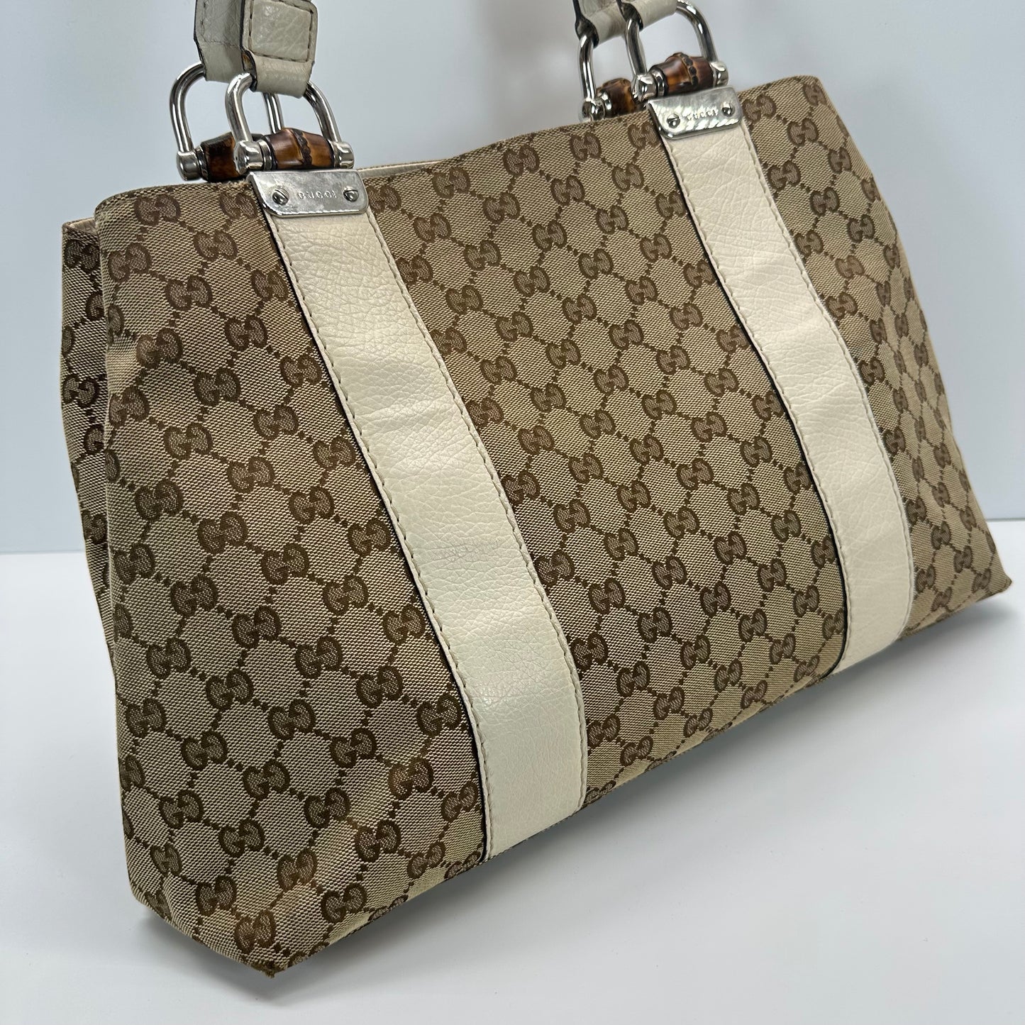 Authentic GUCC Canvas Large Bamboo Bar Tote