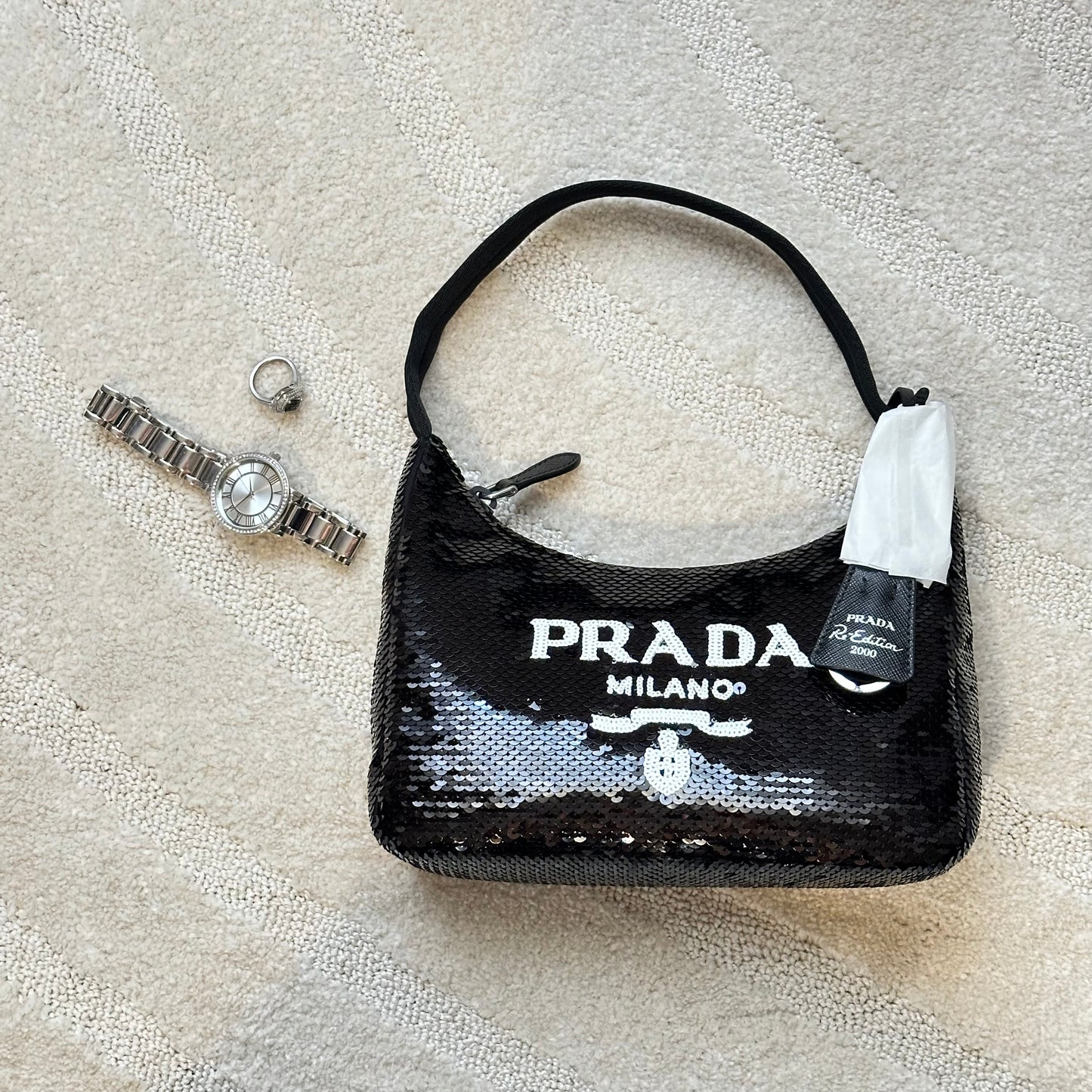Authentic PRADA Paillettes Sequin Mini Re-Edition 2000 Bag Black White