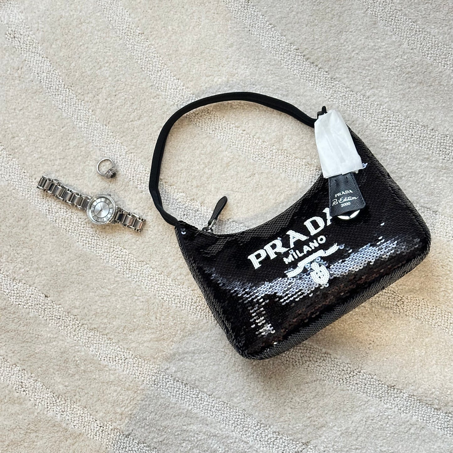Authentic PRADA Paillettes Sequin Mini Re-Edition 2000 Bag Black White